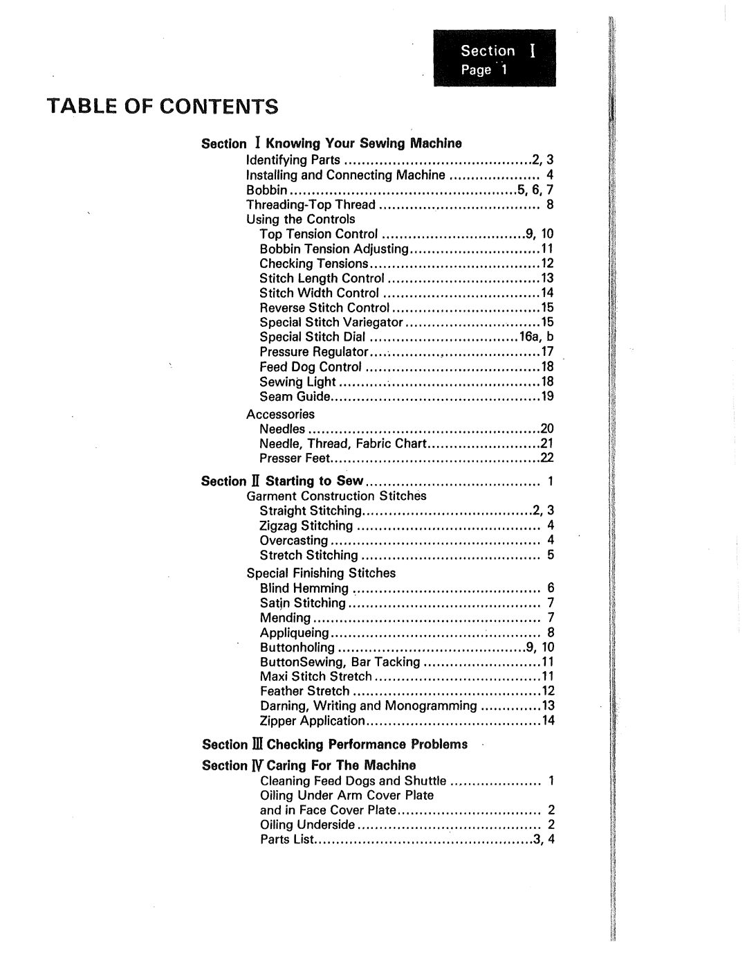 Kenmore 1250, 1230, 1240 manual Table Of Contents, Accessories 