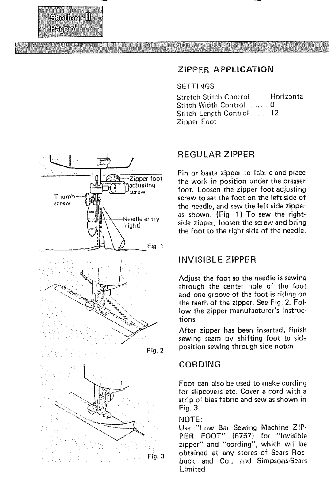 Kenmore 1232 manual Regular Zipper 