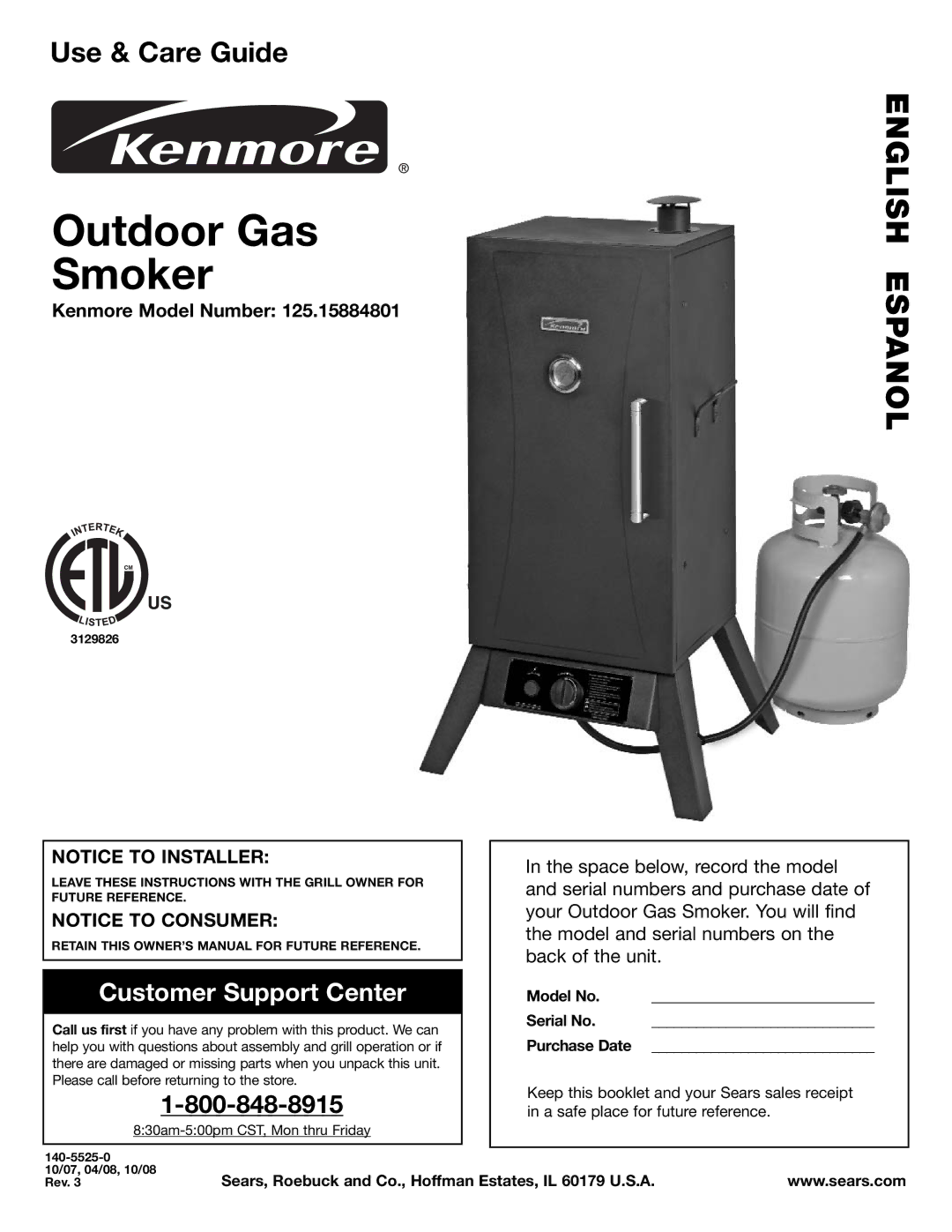 Kenmore 125.15884801 owner manual Outdoor Gas Smoker 