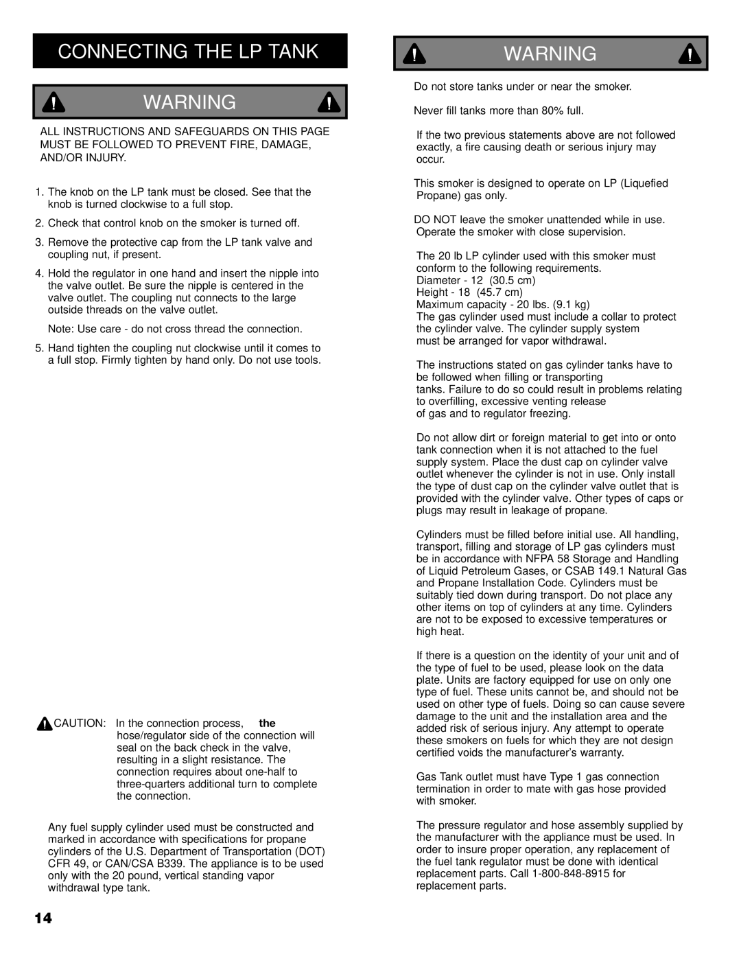 Kenmore 125.15884801 owner manual Connecting the LP Tank 