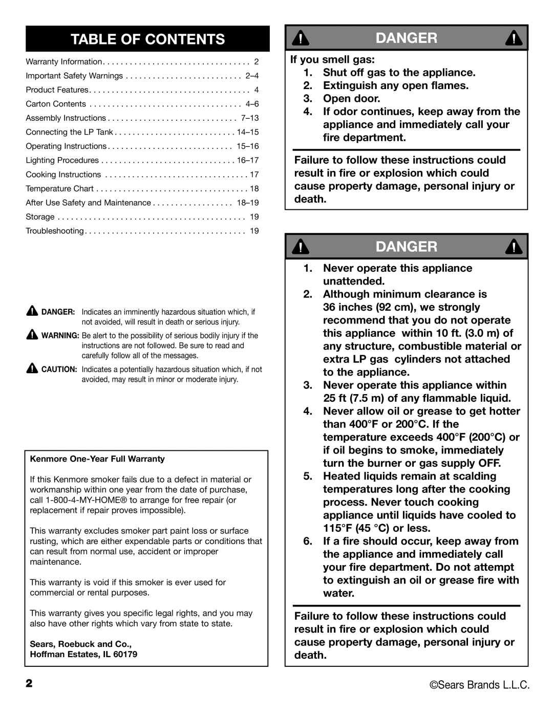 Kenmore 125.15884801 owner manual Table of Contents 