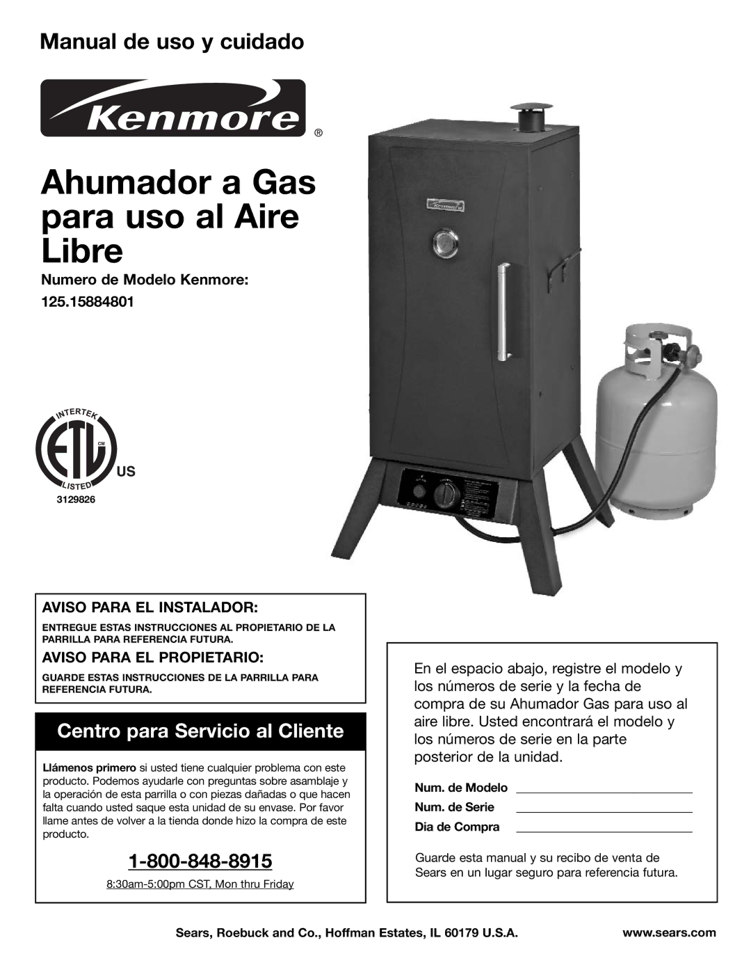 Kenmore 125.15884801 owner manual Ahumador a Gas para uso al Aire Libre 