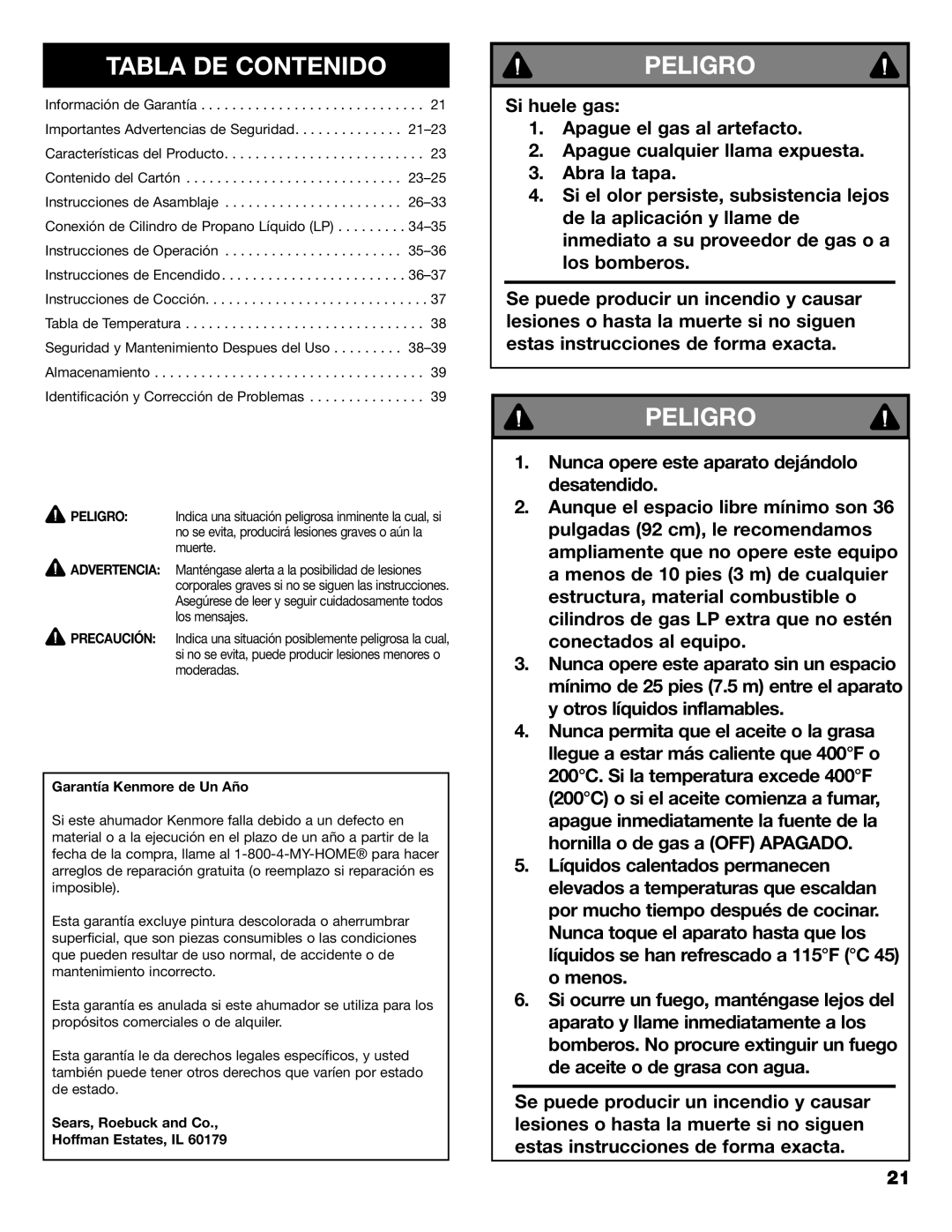 Kenmore 125.15884801 owner manual Tabla DE Contenido, Peligro 