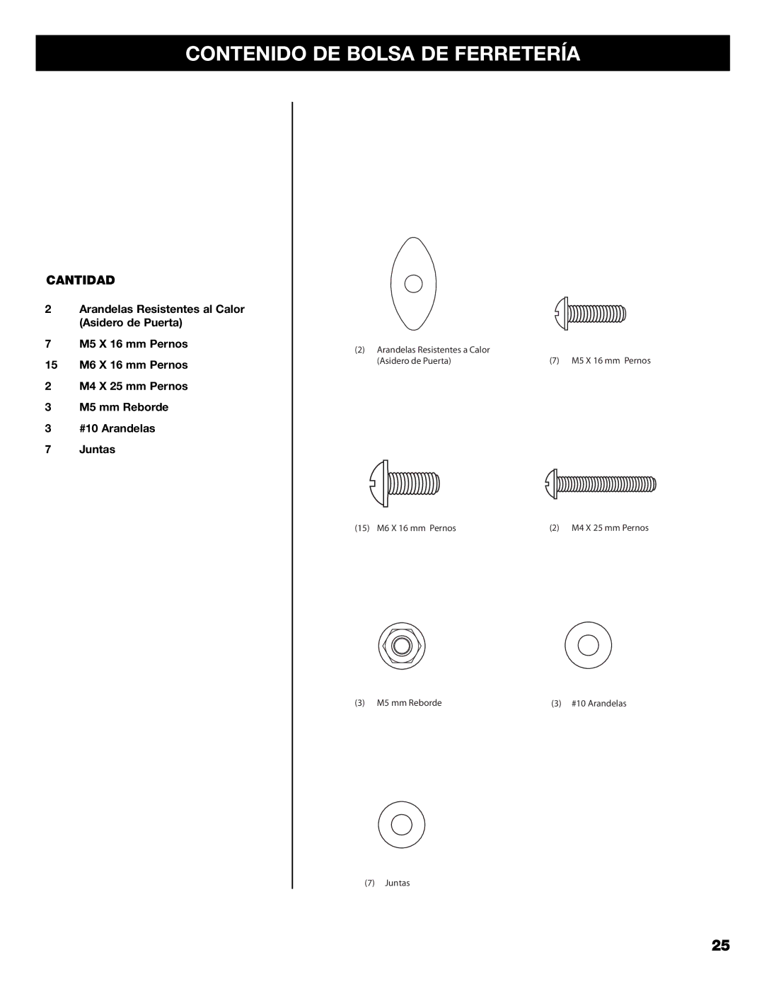 Kenmore 125.15884801 owner manual Contenido DE Bolsa DE Ferretería, Cantidad 