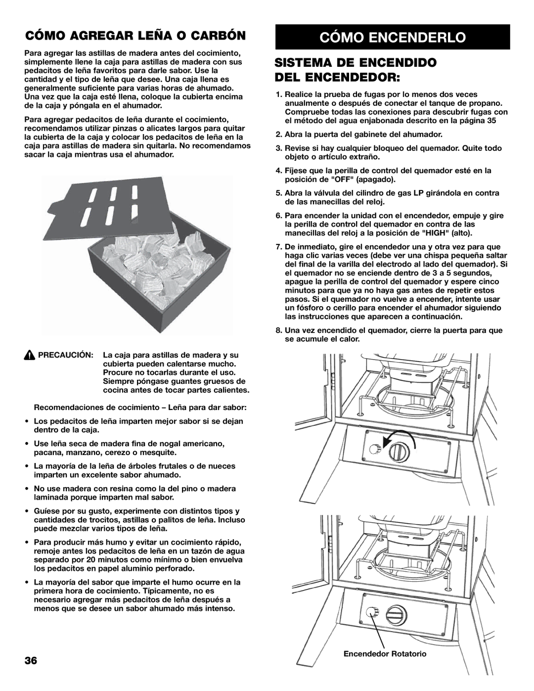 Kenmore 125.15884801 owner manual Cómo Encenderlo, Cómo Agregar Leña O Carbón, Sistema DE Encendido DEL Encendedor 