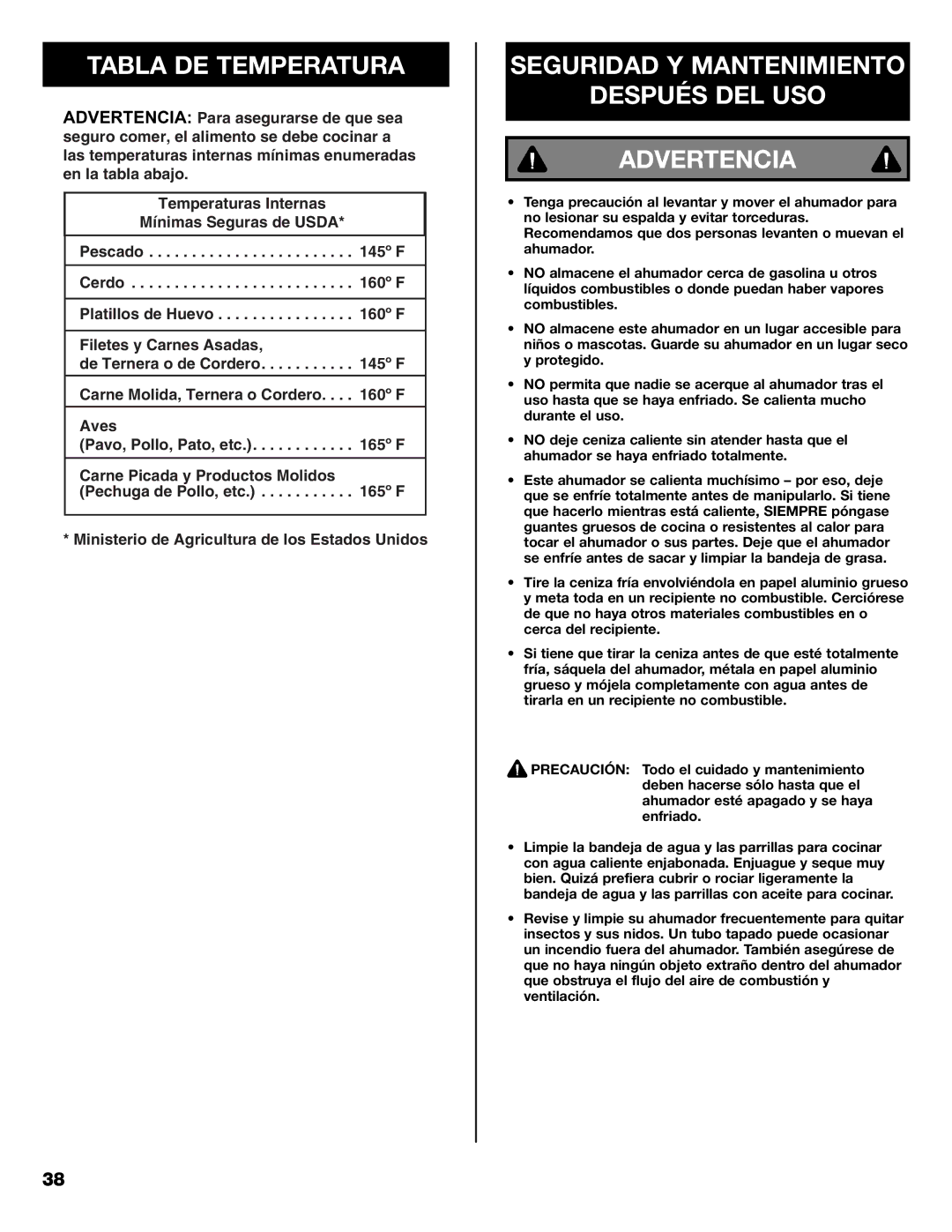 Kenmore 125.15884801 owner manual Tabla DE Temperatura, Seguridad Y Mantenimiento Después DEL USO Advertencia 