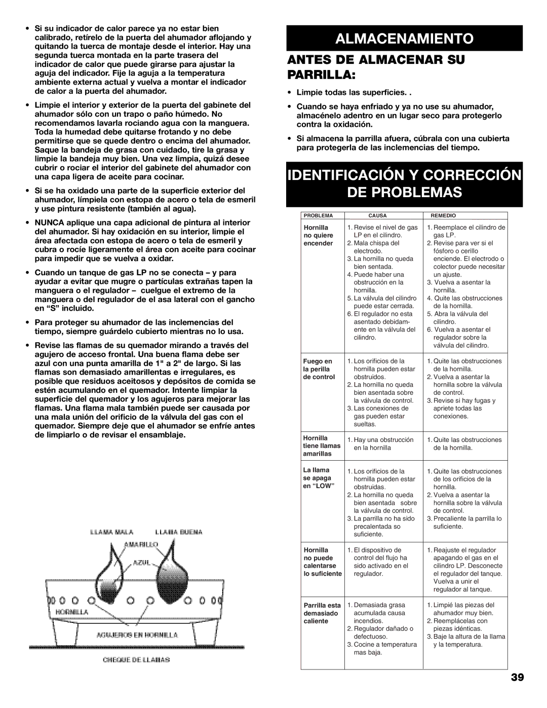 Kenmore 125.15884801 owner manual Almacenamiento, Identificación Y Corrección DE Problemas, Antes DE Almacenar SU Parrilla 