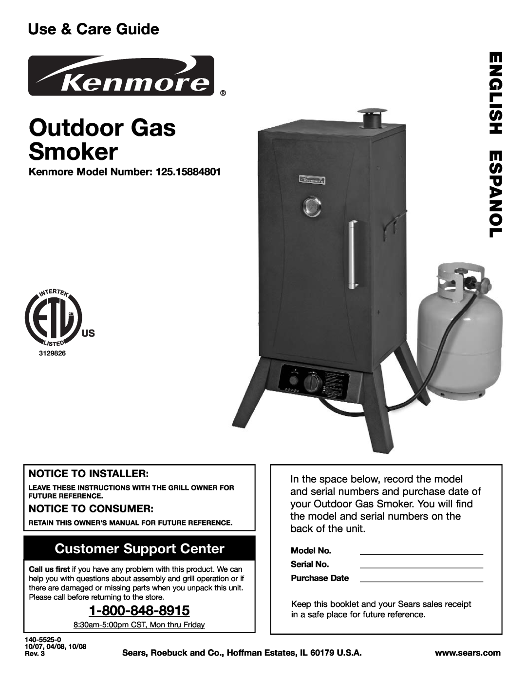 Kenmore 125.15884801 owner manual Outdoor Gas Smoker, Use & Care Guide, Customer Support Center, English Espanol, Model No 