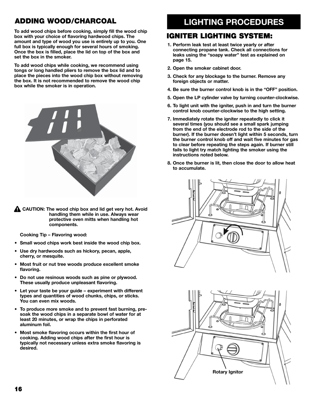 Kenmore 125.15884801 owner manual Lighting Procedures, Adding Wood/Charcoal, Igniter Lighting System 