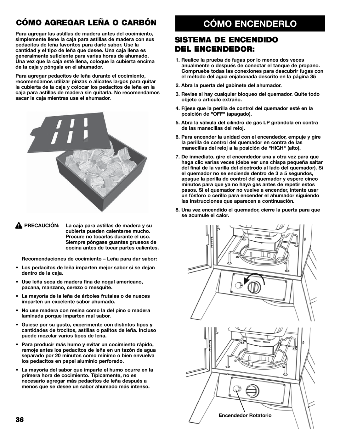 Kenmore 125.15884801 owner manual Cómo Encenderlo, Cómo Agregar Leña O Carbón, Sistema De Encendido Del Encendedor 