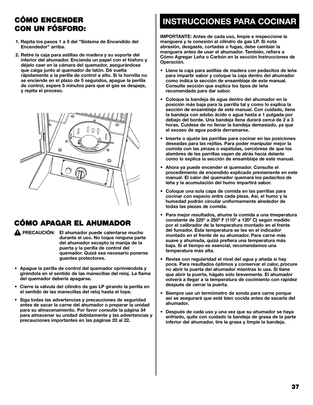 Kenmore 125.15884801 owner manual Instrucciones Para Cocinar, Cómo Encender Con Un Fósforo, Cómo Apagar El Ahumador 