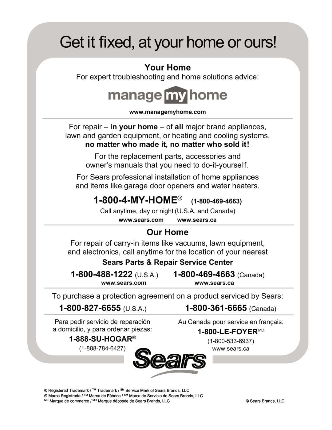 Kenmore 125.15884801 Get it fixed, at your home or ours, Your Home, Our Home, Sears Parts & Repair Service Center 