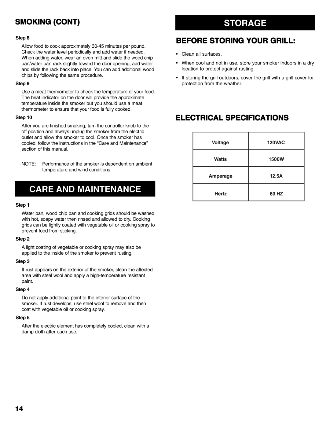 Kenmore 125.15885800 owner manual Care and Maintenance, Storage 