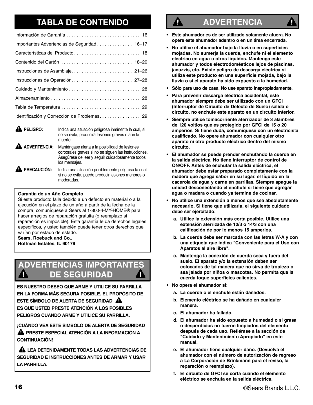 Kenmore 125.15885800 owner manual Tabla DE Contenido, Advertencias Importantes DE Seguridad, Garantía de un Año Completo 