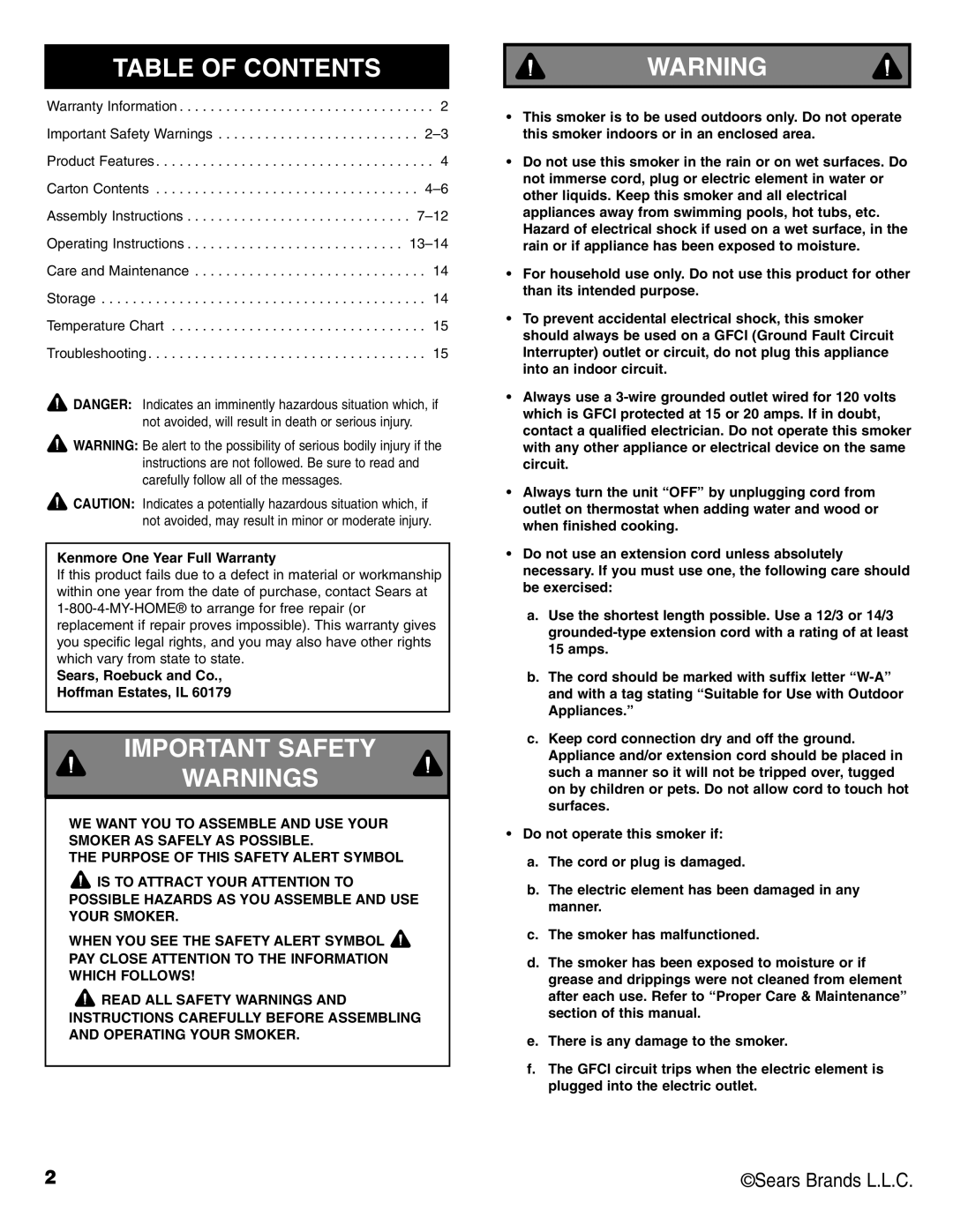 Kenmore 125.15885800 owner manual Table of Contents, Important Safety 