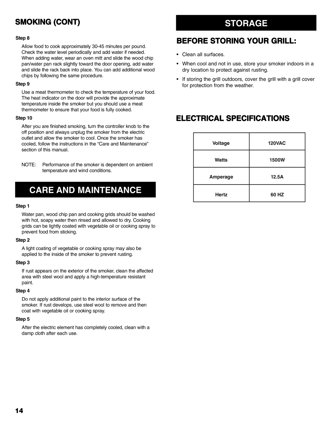 Kenmore 125.15887800 owner manual Care and Maintenance, Storage, Before Storing Your Grill, Electrical Specifications 