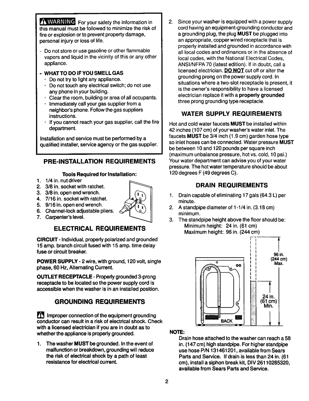 Kenmore 131801800 Grounding Requirements, PRE-INSTALLATION Requirements, Electrical Requirements, Drain Requirements 