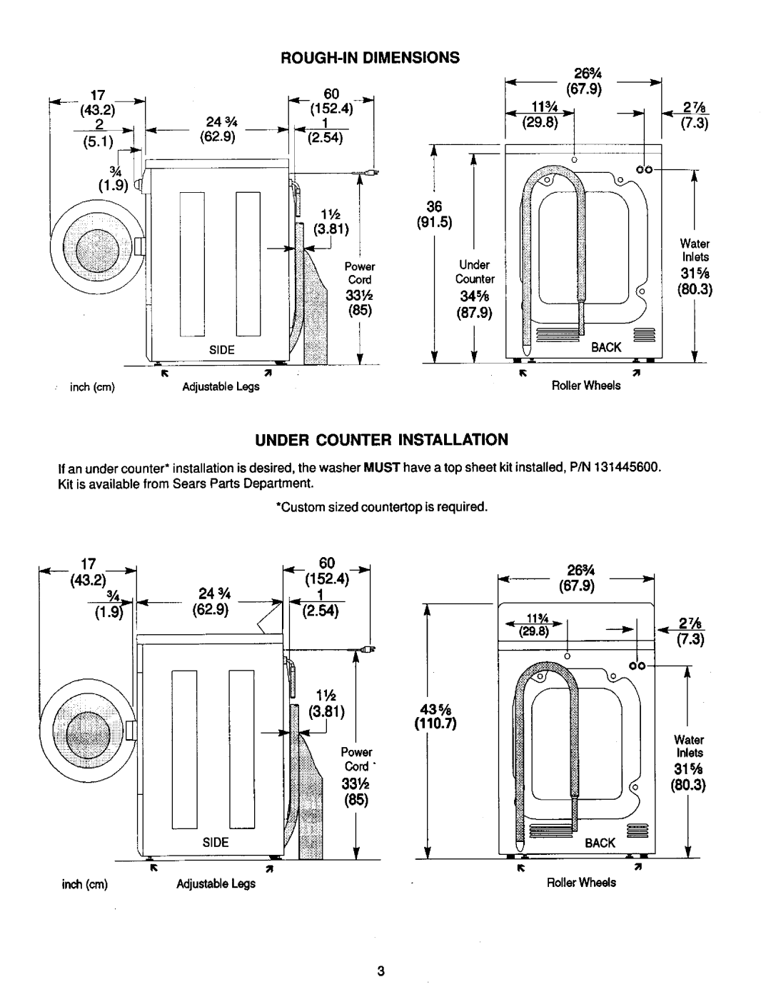 Kenmore 131801800 dimensions Under Counter Installation, ROUGH-IN Dimensions, Side, Back 