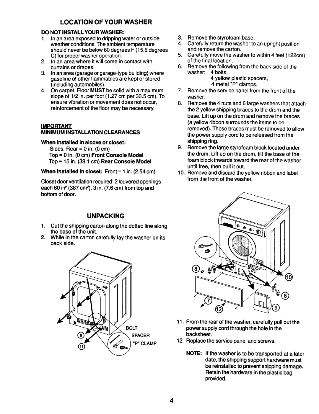 Kenmore 131801800 Unpacking, Location of Your Washer, Do not Install Your Washer, Minimum Installation Clearances 