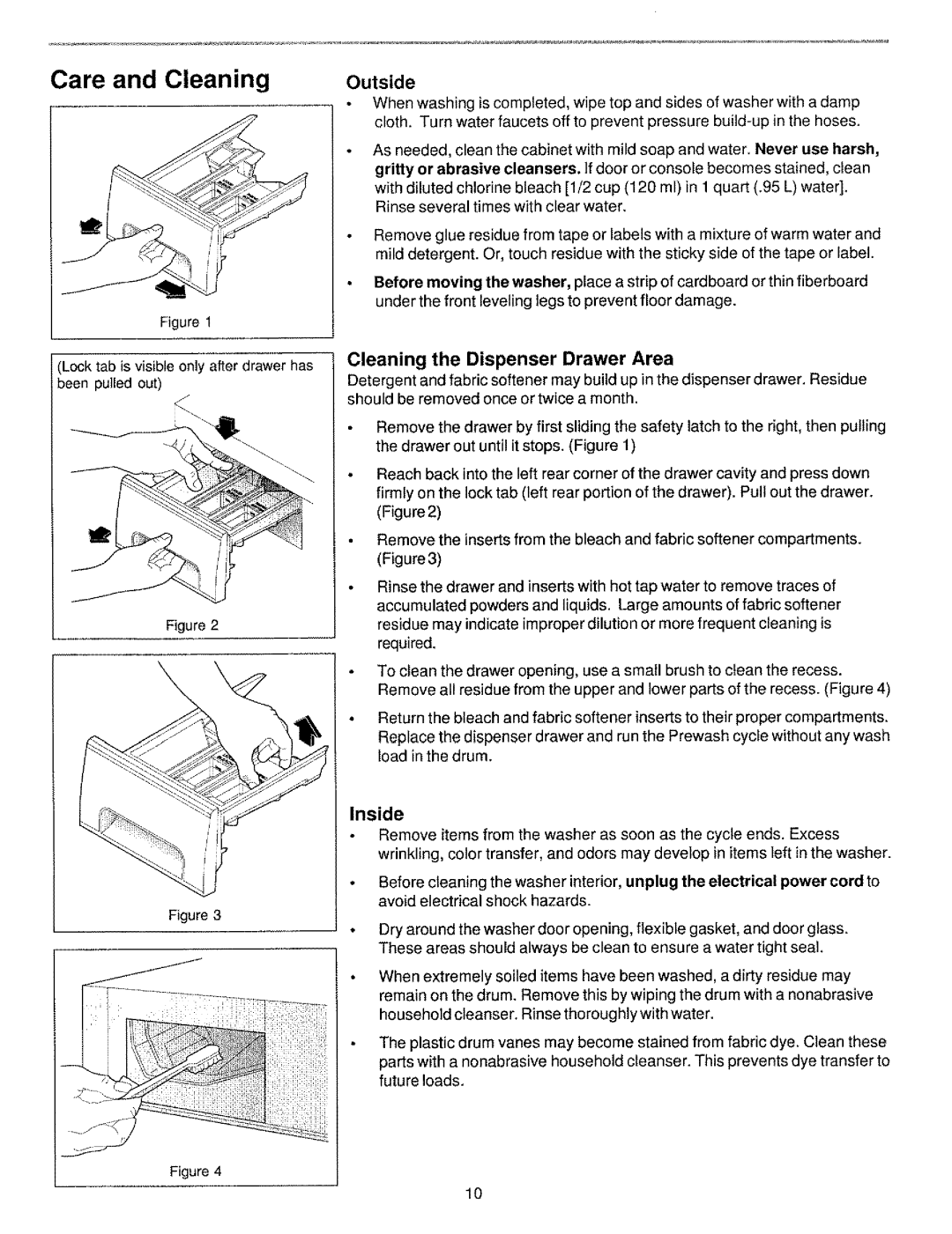 Kenmore 134190400 (0209) manual Care and Cleaning, Outside, Cleaning the Dispenser Drawer Area, Inside 