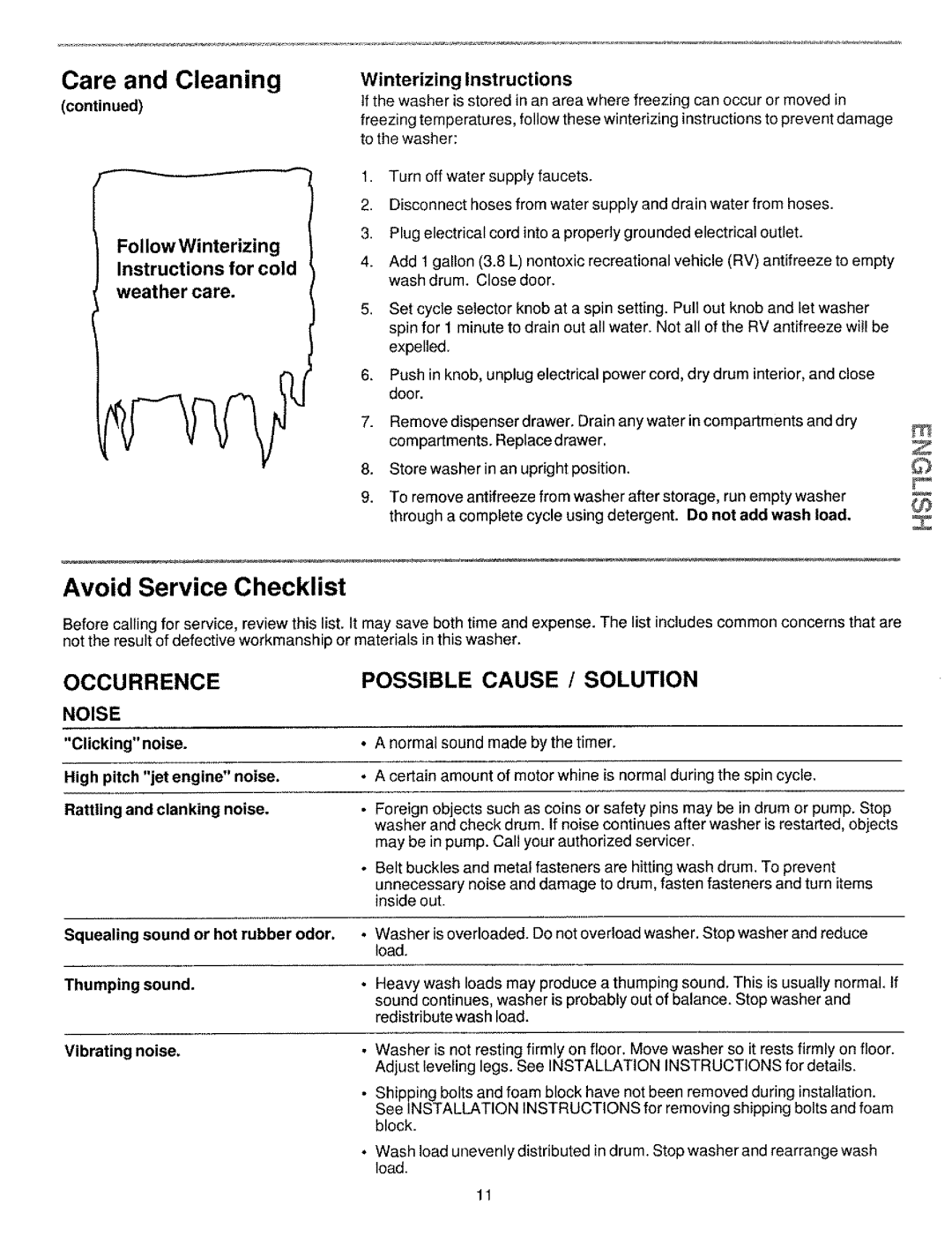 Kenmore 134190400 (0209) manual Avoid Service Checklist, Follow Winterizing Instructions for cold Weather care 