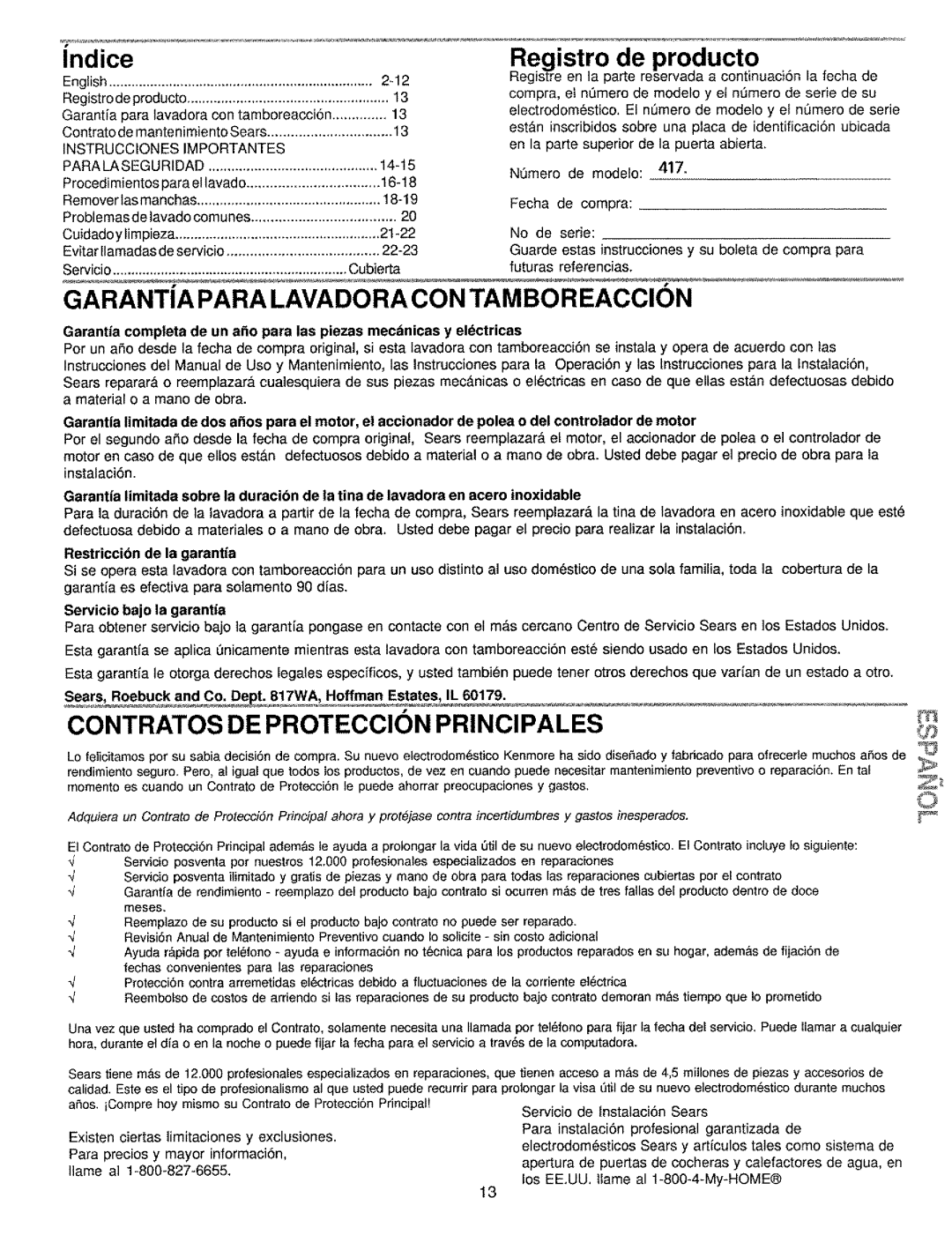 Kenmore 134190400 (0209) manual Indice, Registro de producto, Restriccibn de la garantia, Servicio bajo la garantia 