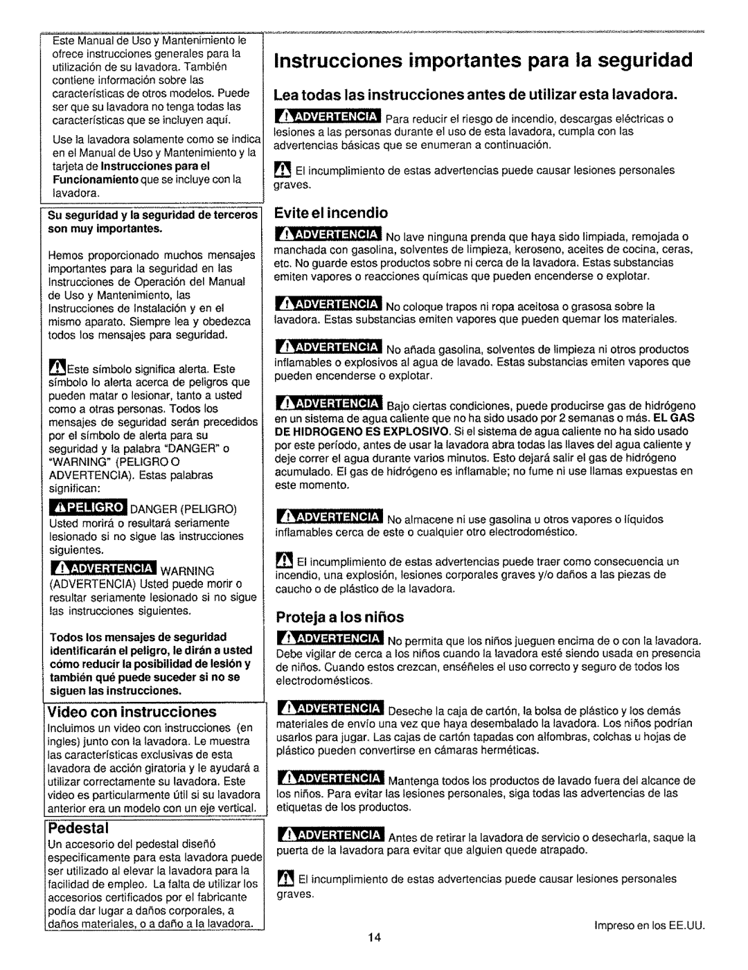 Kenmore 134190400 (0209) manual Instrucciones importantes para la seguridad, Pedestal 