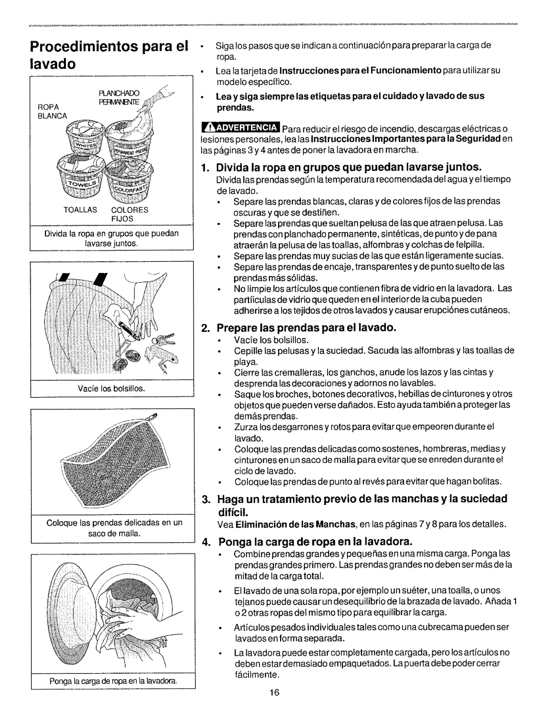 Kenmore 134190400 (0209) manual Procedimientos para el lavado, Divida la ropa en grupos que puedan lavarse juntos 