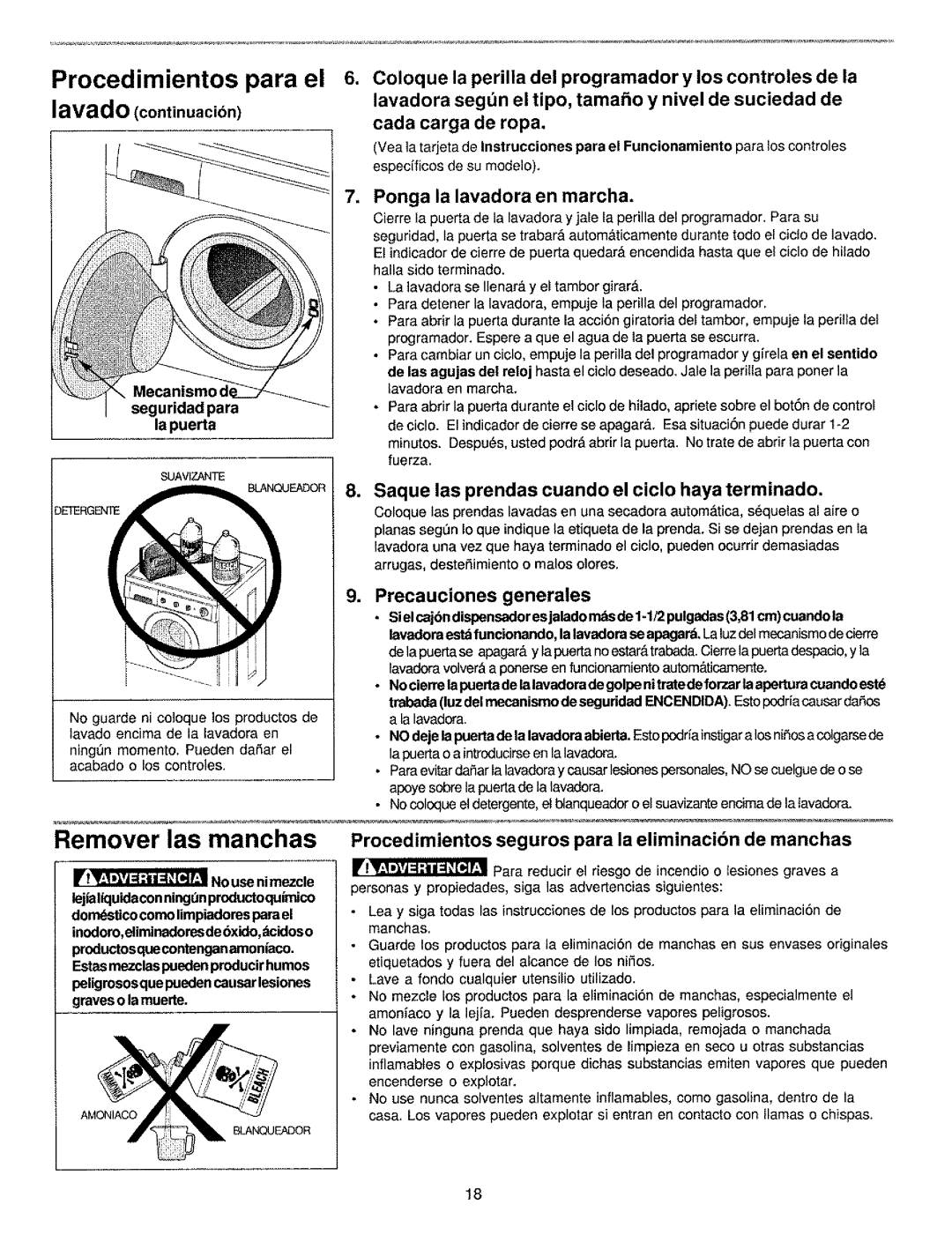 Kenmore 134190400 (0209) manual Procedimientos para el =, Remover las manchas, Ponga la lavadora en marcha 