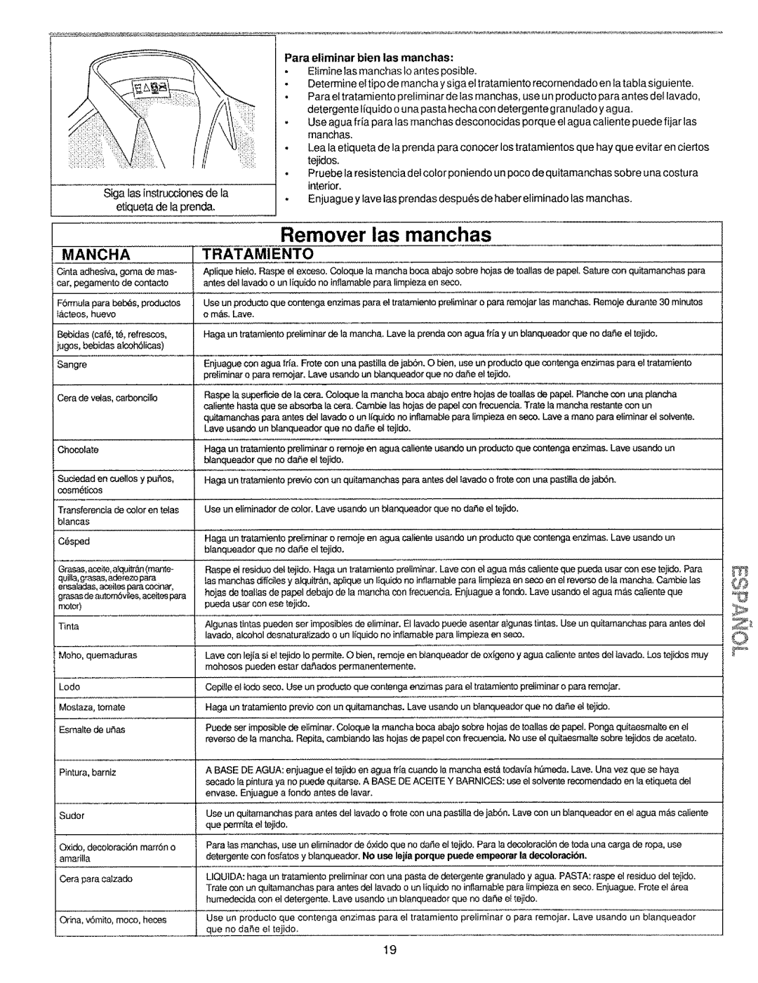 Kenmore 134190400 (0209) manual Mancha, Pare eliminar bien las manchas 