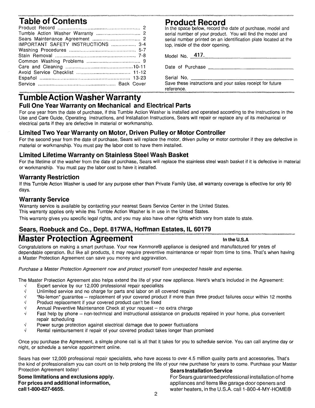 Kenmore 134190400 (0209) manual Tumble Action Washer Warranty, Contents, Product Record 