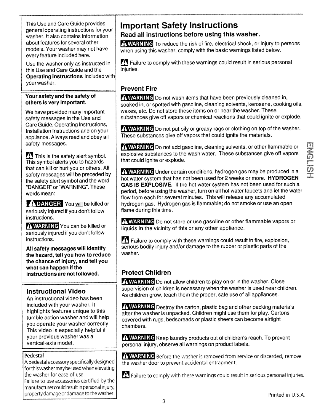 Kenmore 134190400 (0209) manual Important Safety Instructions, Read all instructions before using this washer, Prevent Fire 