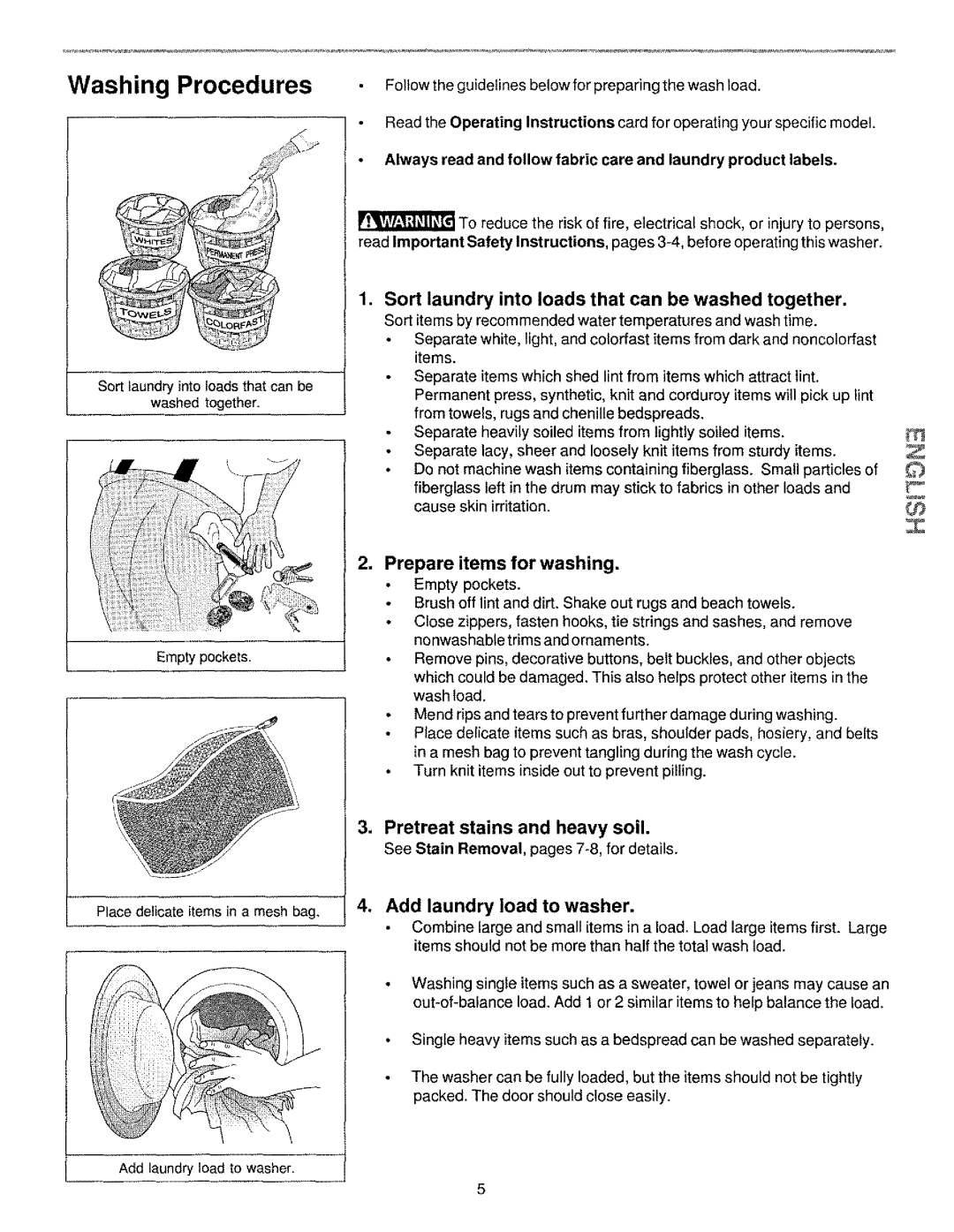 Kenmore 134190400 (0209) manual Washing Procedures, Pretreat stains and heavy soil, Add laundry load to washer 