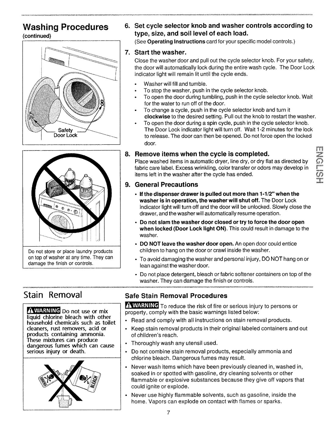 Kenmore 134190400 (0209) manual Safe Stain Removal Procedures, Washer will fill and tumble 