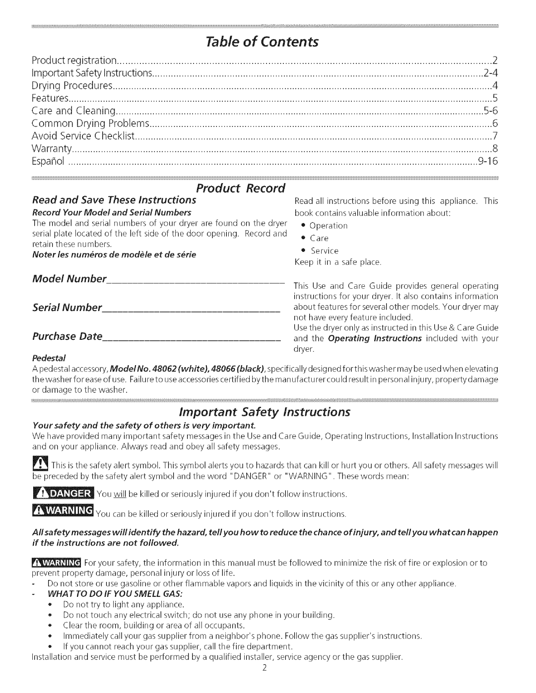 Kenmore 134914900 manual Contents 