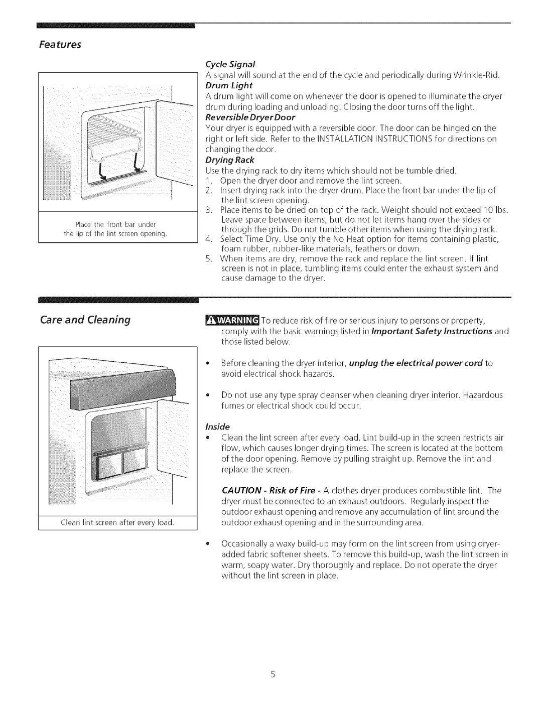 Kenmore 134914900 manual Care and Cleaning, Features, Drying Rack, Inside 