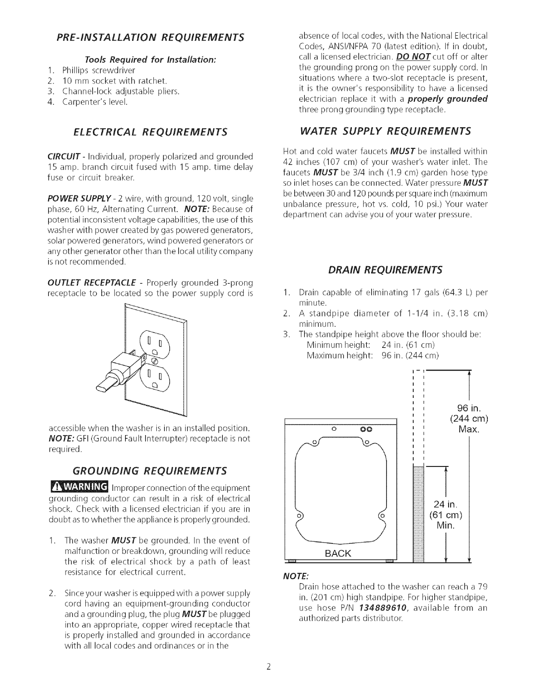 Kenmore 134966700 PRE-INSTALLAT!ON Requirements, Electrical Requirements, Grounding Requirements, Drain Requirements 