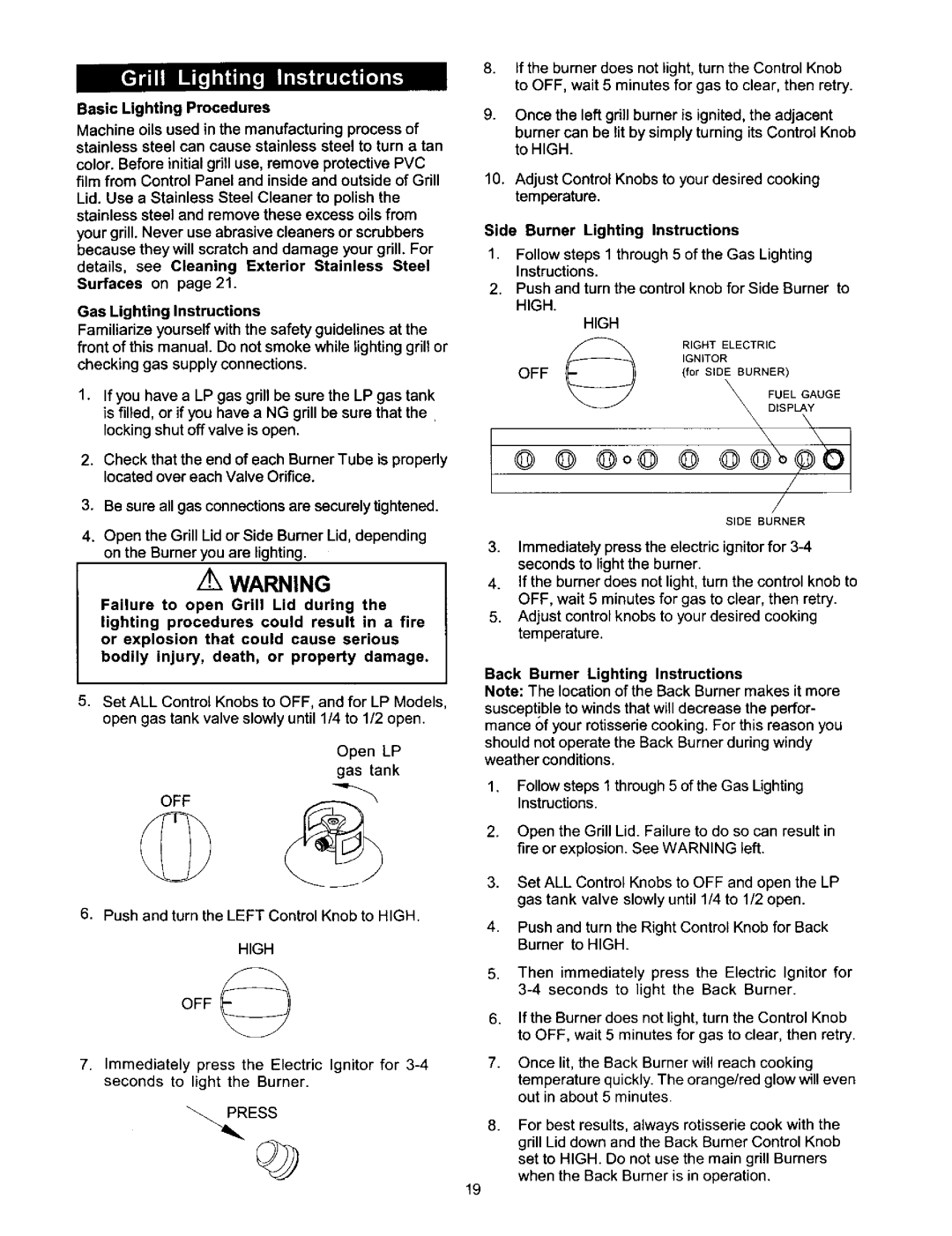 Kenmore 141 16690, 141 17690 owner manual Gas Lighting Instructions, Side Burner Lighting Instructions 