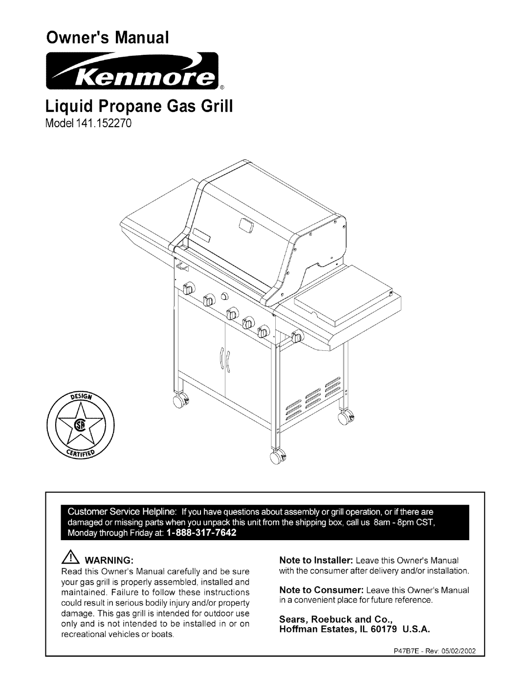 Kenmore 141.15227 owner manual OwnersManual Liquid Propane Gas Grill 