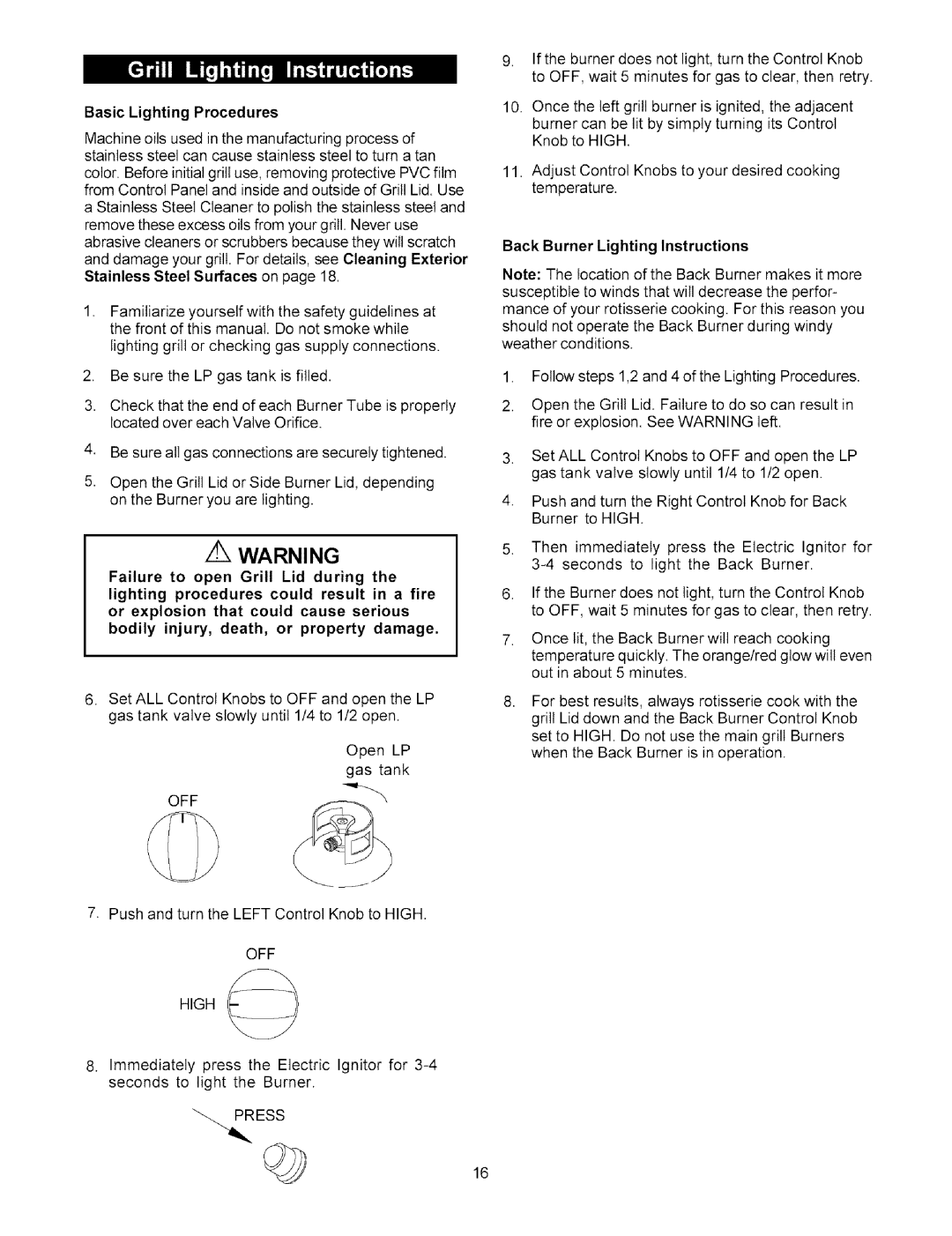 Kenmore 141.15227 owner manual Basic Lighting Procedures, Back Burner Lighting Instructions 