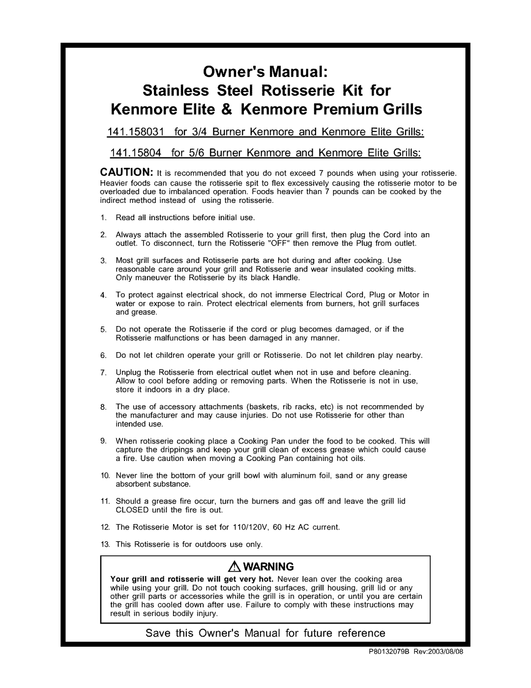 Kenmore 141.158031 owner manual P80132079B Rev2003/08/08 