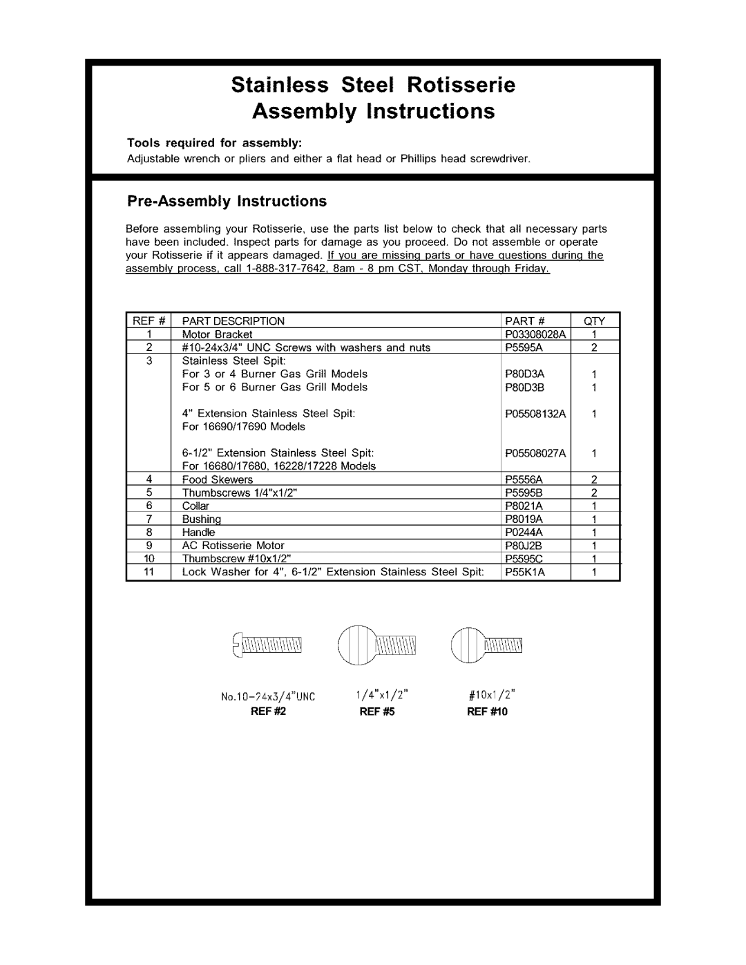 Kenmore 141.158031 owner manual Stainless Steel Rotisserie Assembly Instructions, Pre-Assembly Instructions 