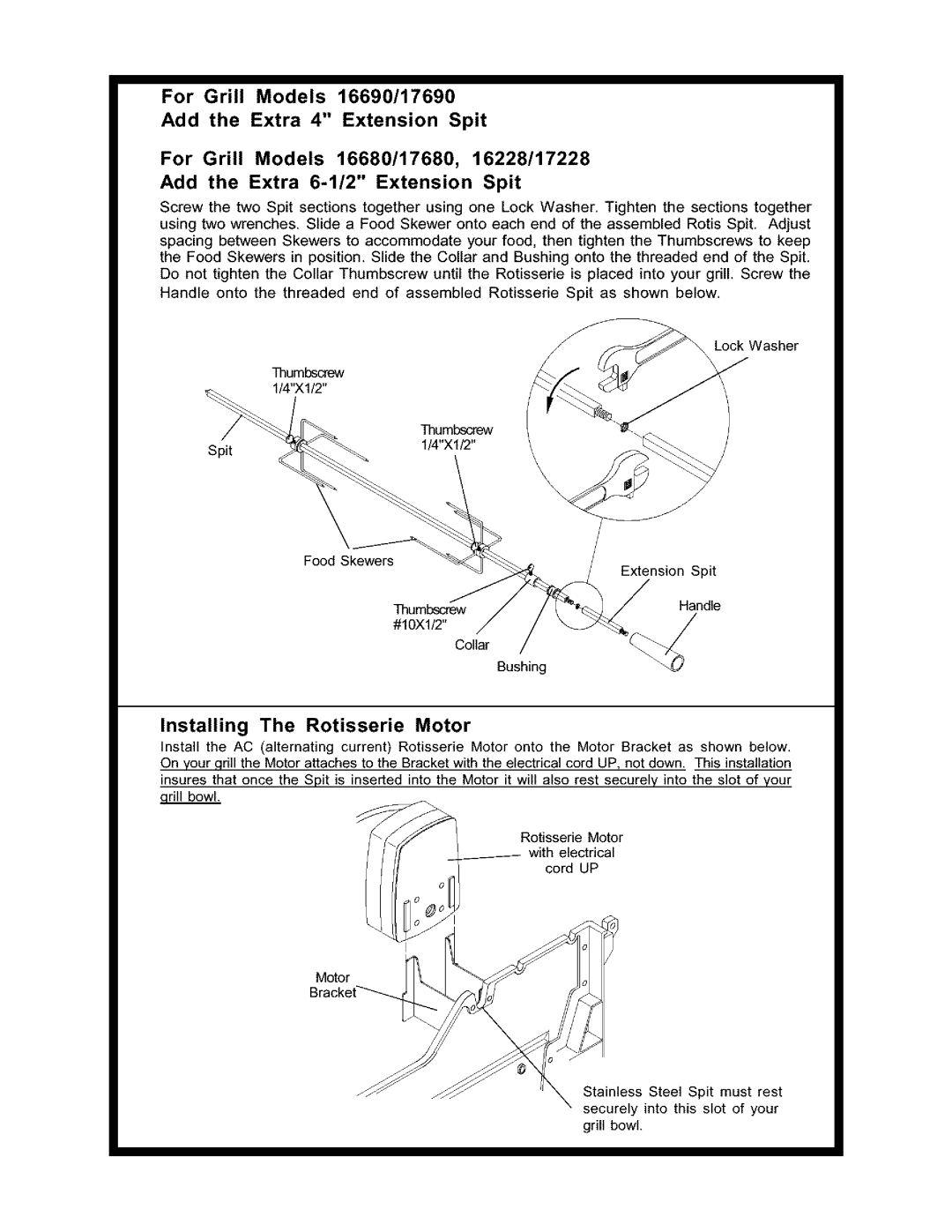 Kenmore 141.158031 owner manual Installing The Rotisserie Motor, Thumbscrew 1/4X1/2 