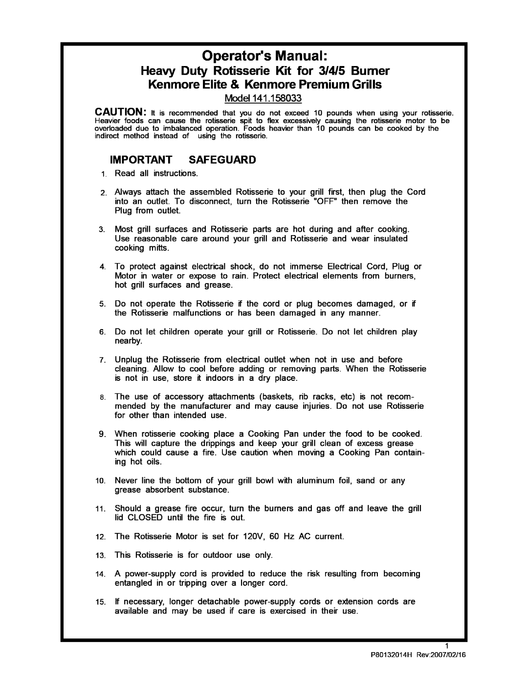 Kenmore 141.158033 manual Operators Manual, Model 