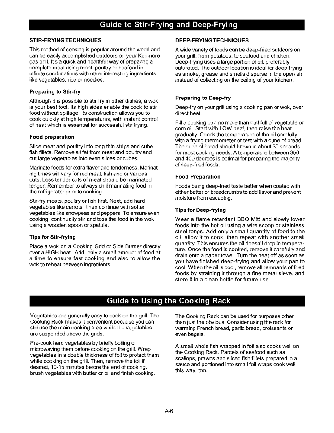 Kenmore 141.16223 owner manual STIR-FRYING Techniques, Preparing to Stir-fry, Tips for Stir-frying, Deep-Fryingtechniques 