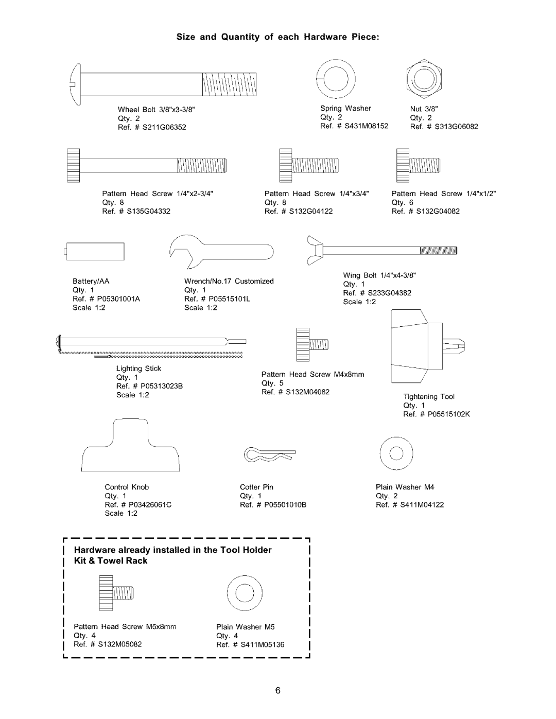 Kenmore 141.16223 owner manual Size and Quantity of each Hardware Piece, Pattern 