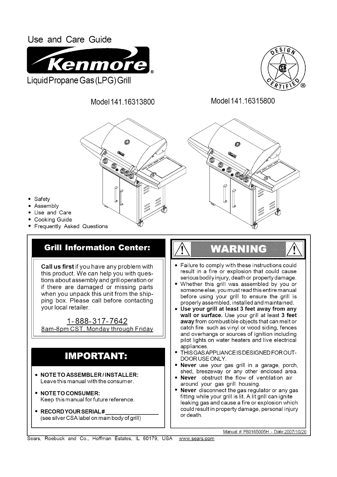 Kenmore 141.16315800 manual Use and Care Guide LiquidPropane GasLPGGrill 