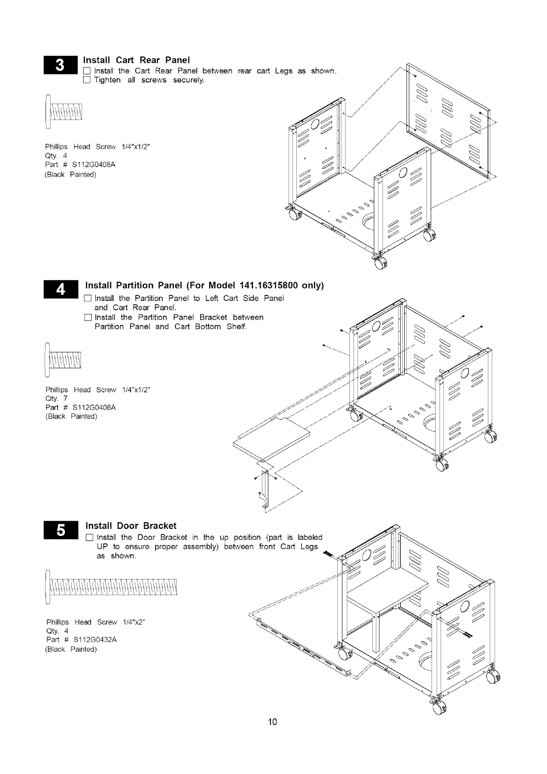 Kenmore 141.16315800 manual For Model, Only, Install Door Bracket, Install Cart Rear Panel 