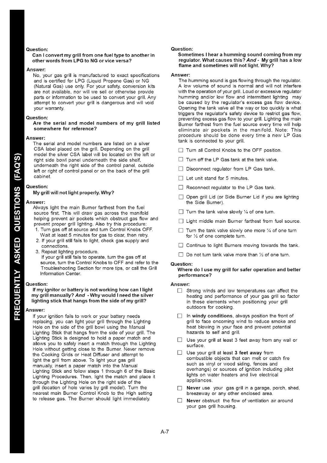 Kenmore 141.16315800 manual Question My grill will not light properly. Why?, Answer 