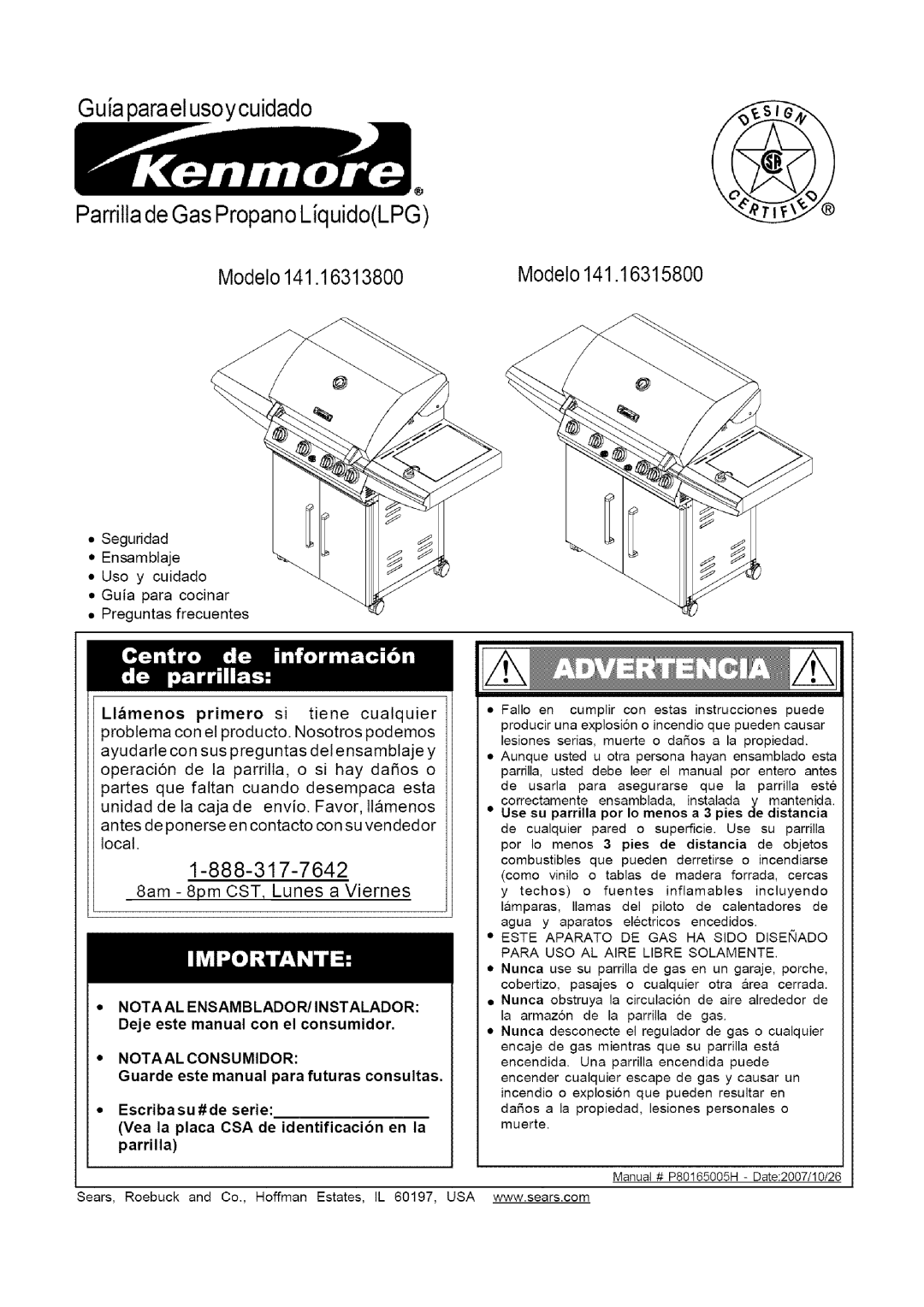 Kenmore 141.16315800 manual Guia paraelusoycuidado Parrillade Gas PropanoLiquidoLPG 